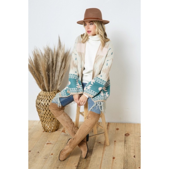 SOLD OUT Taupe Teal Bell Sleeve Aztec Western Tribal Fringe Knit Boho Cardigan - Picture 6 of 10